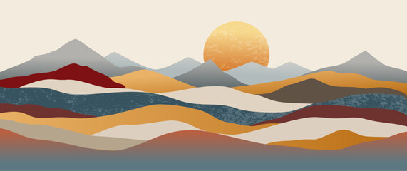 Fototapeta premium Boho abstract mountain landscape layered hills, bold sunset, warm neutral earth tones with textured digital painting for prints, modern wall art