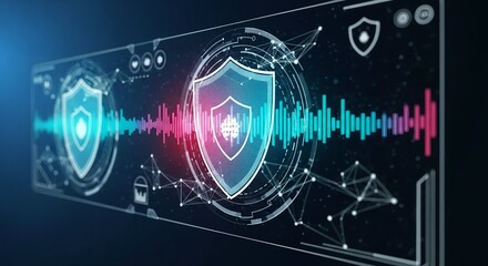 A high-tech digital interface featuring a shield icon with a vibrant waveform pattern, surrounded by a network of lines and nodes on a dark background