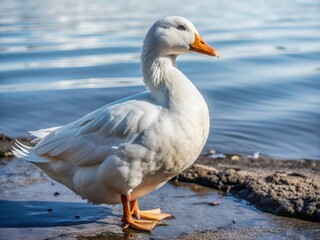 A beautiful white domestic goose with orange beak stands gracefully on the shore of a calm blue lake