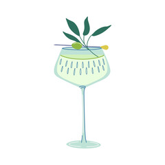 Alcohol drink. Dry Martini Cocktail. Glass with beverage, olive and herbs. Cool Summer lemonade. Drink made from gin and dry vermouth. Hand drawn flat design vector illustration.
