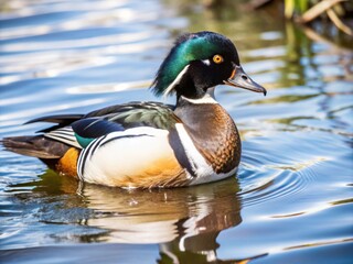 Fototapeta premium A stunning male wood duck with iridescent green and purple plumage swims gracefully on calm blue water