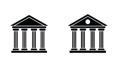 Naklejka premium Two Simple Black and White Building Icons with Columns and Triangular Roofs