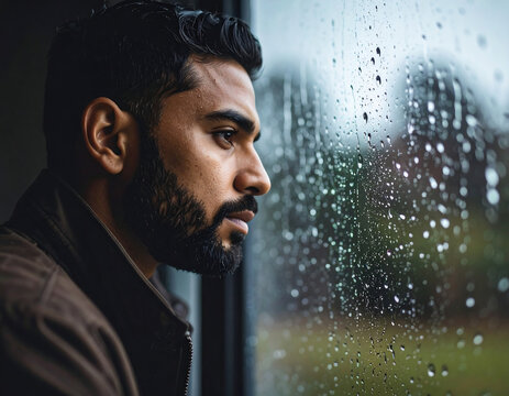 A pensive man gazes out a rain-streaked window, lost in thought on a gloomy day. - Powered by Adobe