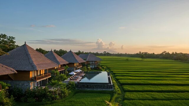 Aerial View Of Thatched Roof Villas With Pool Overlooking Green Paddy Fields Under A Sunset Sky In Scenic Tropical Countryside For Tranquility