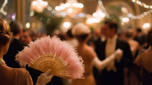 Elegant ballroom gathering with guests in vintage attire and soft lighting during an evening celebration