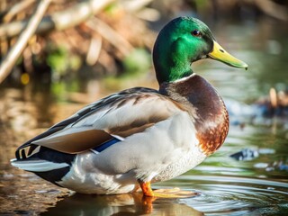Fototapeta premium Majestic mallard duck with iridescent green head standing in shallow water with soft natural background
