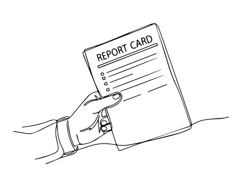 Hand holding a report card with blank sections for grades  