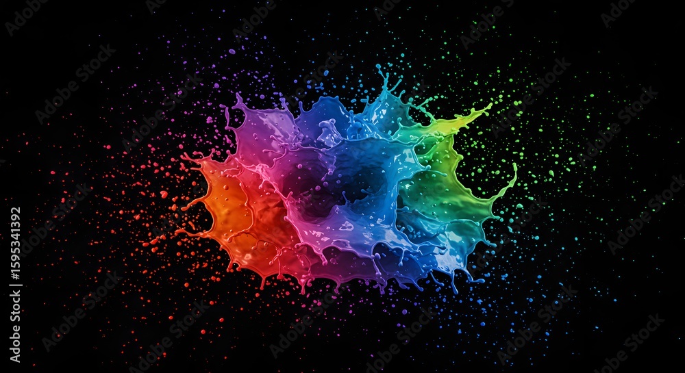 Poster vibrant splash of rainbow-colored paint exploding against a dark background, creating an abstract an