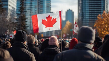 A crowd of people with canadian flags in a city with tall buildings in the background on a sunny day