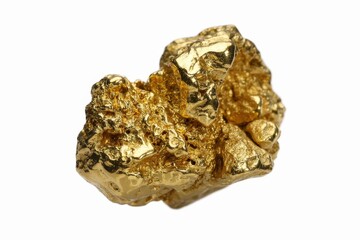 A shiny gold nugget is isolated on white background, representing wealth and treasure