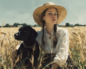 Chill Dog Moments: A Portrait of a Young Woman in Her 20s Relaxing with Her Black Dog in a Sunlit Summer Village