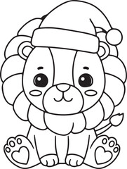 Fototapeta premium Smiling cartoon tiger cub with Santa hat and striped tail, front view, black and white outline for holiday page