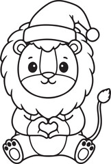 Obraz premium Smiling cartoon tiger cub with Santa hat and striped tail, front view, black and white outline for holiday page