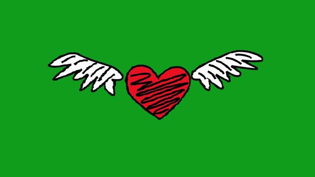 Flying heart animation with hand drawn effects isolated green 