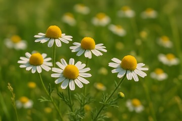 Fototapeta premium Field of chamomile flowers with white petals and yellow centers in soft focus light