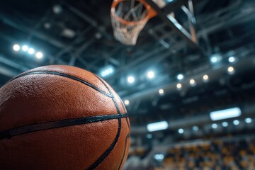 Dynamic Basketball Championship: Closeup of a Ball in Front of a Modern Arena and Backboard