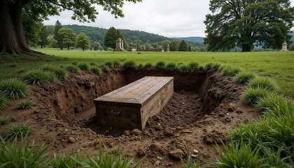 Open grave showcases casket in grassy field. Open grave view displays wooden coffin surrounded by freshly dug earth, showing a somber scene. Capture the emotional depth of this open grave setting.