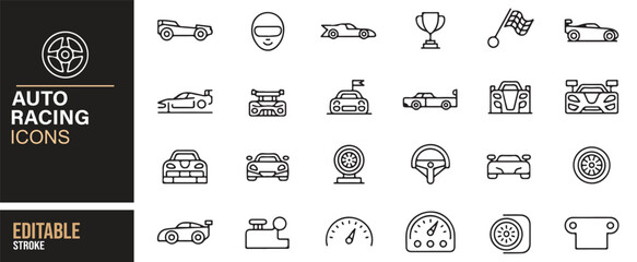 Auto Racing Icons Set for Illustrating Motorsports, Car Racing, and Victory