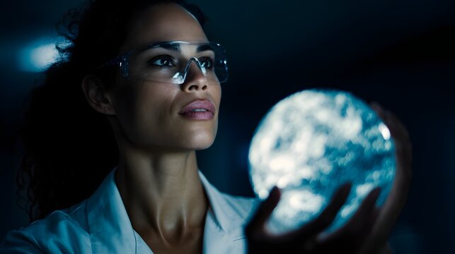 Scientist monitoring environmental changes on a holographic globe