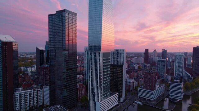 Ariel Perspective of Metropolis Skyline at Dawn