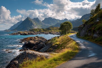 Obraz premium Scenic Coastal Road Through Lofoten: Norwegian Summer Landscapes by the Ocean