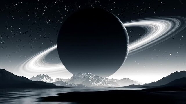 Surreal cosmic landscape with ringed planet and snowy mountains. SEO-optimized celestial artwork with reflective water. Mysterious interstellar scene with starry sky. - Powered by Adobe