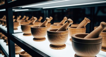 Wooden mortar and pestle sets lined up on illuminated black shelves