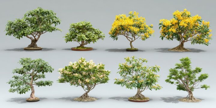 Vibrant Fig Trees Collection: Lush Green Leaves with Blossoming Yellow Flowers, Featuring the Iconic Ratchaphruek Tree in Full Bloom
