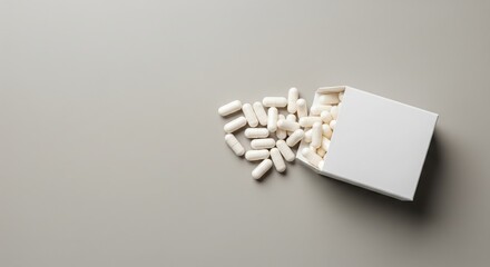 White capsules spilling from open white medicine box on neutral background