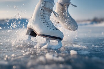 Dynamic Ice Skating: Woman in Motion as Frazil Flies, Capturing the Joy of Cold Weather Dance and Exercise