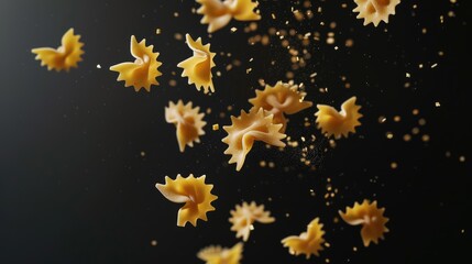 Fototapeta premium Flying pasta freezes in the air against a dark background, demonstrating the movement, ingredients and cooking concept.