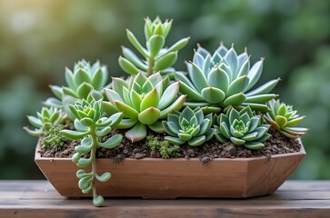 Obraz premium Succulents Collection in Wooden Planter Natural Light Windowsill Decor ai generated