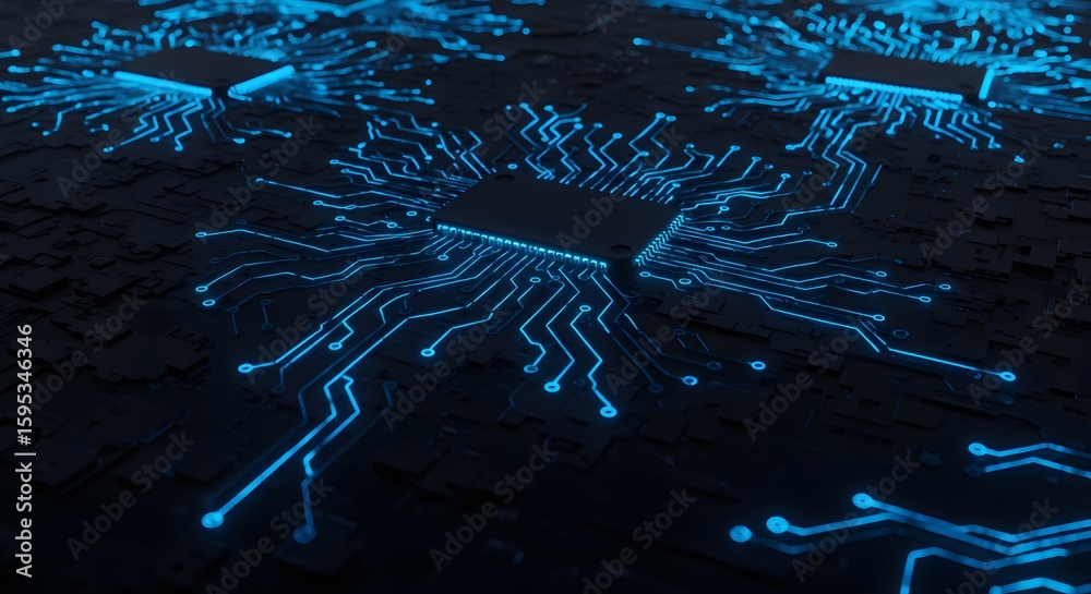 Leinwandbilder Abstract visualization of interconnected microchips with glowing blue circuits on a dark background, representing technology and data flow.