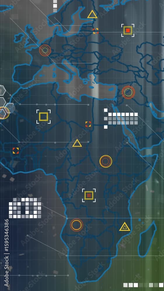 Poster animation of world map and data processing over computer servers