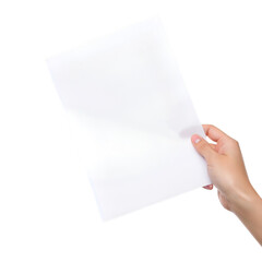 Hand holding blank paper sheet presented clearly isolated on transparent background
