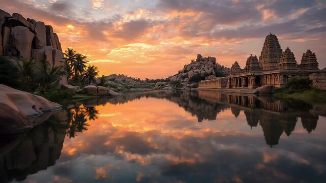 Scenic Sunset over Ancient Rocks and Palm Trees in Hampi, India