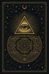 All-Seeing Eye Inside Illuminati Pyramid – Mystical Esoteric Symbol with Sacred Geometry and Vintage Engraving Style.