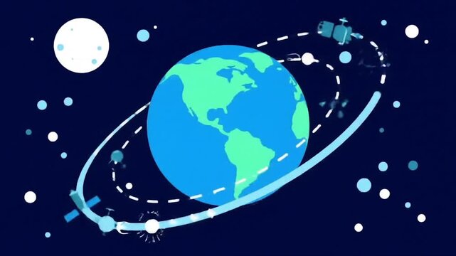 Minimalist Earth with satellite orbital paths. Cartoon-like digital globe in deep space. Simplified continents with dashed orbit lines.