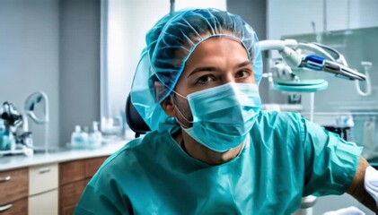 Dentist in protective gear preparing for examination in a modern dental clinic..