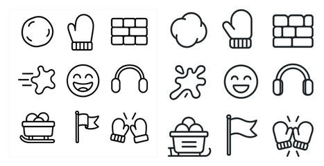 Set of icons for winter sports and activities. The icons include a snowflake, a brick wall, a hat, a glove, a flag, a snowboard, a slalom course, a snowman, a snowflake
