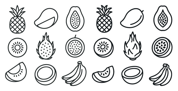 Series of fruit slices are shown in a black and white style. The fruits include bananas, kiwi, and pineapple