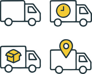 Set of vector delivery icons — trucks, logistics, tracking. For web design, apps, delivery interfaces, marketing materials, logistics and transport services.