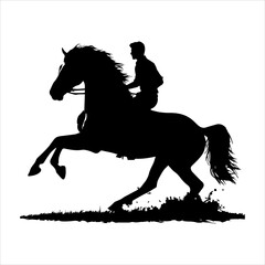 Black silhouette of a galloping horse with a man in white background