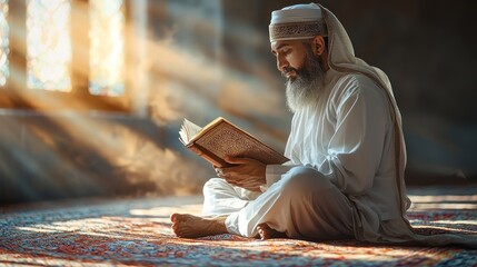 Man Reading Holy Book in Mosque