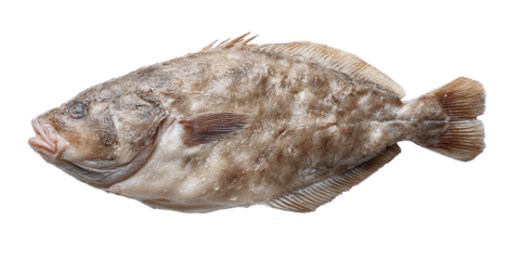 Fresh raw halibut fish isolated on black background Closeup studio shot of whole halibut for seafood market, restaurant menu, or culinary concept