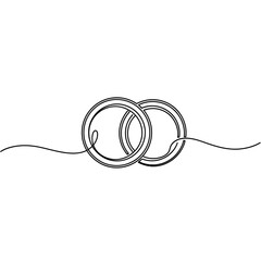 Continuous line drawing of two interlocking wedding rings on white background