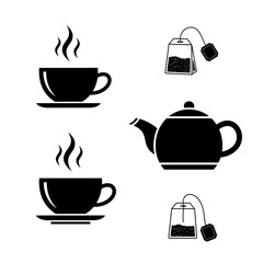 Graphic of two cups of tea with steam a teapot and two tea bags on white