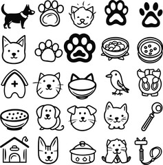 20 black and white line icons featuring pets and animals such as dog, cat, paw print, fish bowl, pet food bowl, bird, pet house, leash, and grooming tools 4