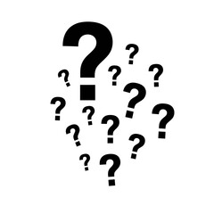 A collection of black question marks of varying sizes on a white background