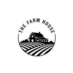 Black and white farm house logo with field and circular text illustration